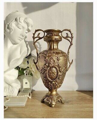 20Th Century Heavy Vase Ornate  Brass Floral Flower Solid Etched Made In Italy