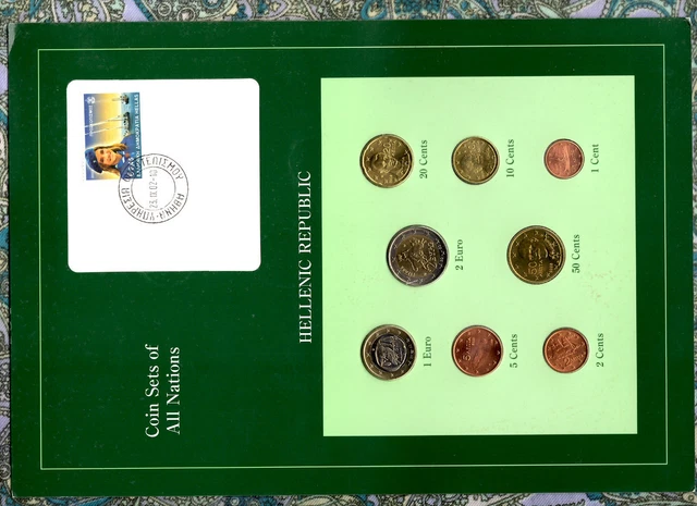 Coin Sets of All Nations Greece 2002 UNC 2,1 EURO 50,20,10,5,2,1 Cents