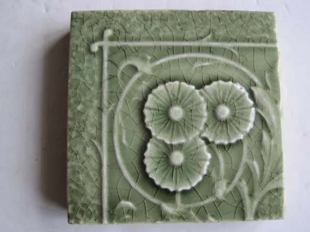 Antique Victorian Mintons 3" Sq. Moulded & Majolica Glazed  Triple Daisy Tile #4
