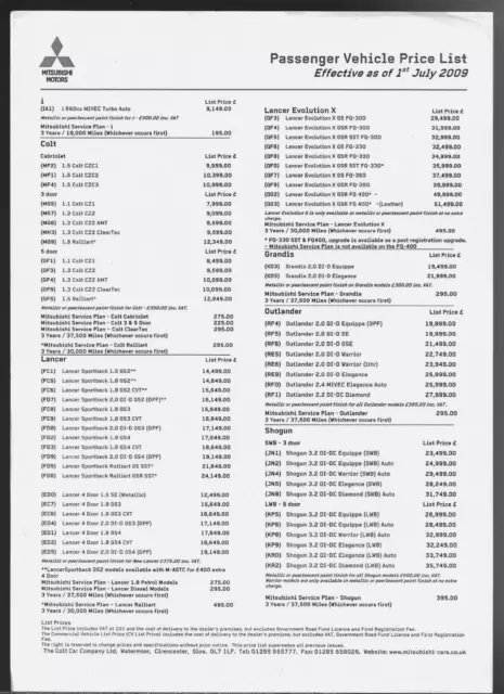 Mitsubishi Price List 2009 UK Market Single Sheet Brochure Colt Outlander Shogun
