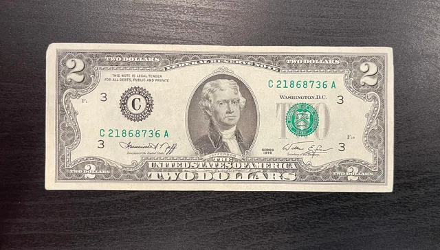 Collectible 1976 Series $2 Two Dollar Bill (Rare A Note) 