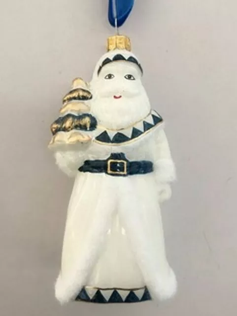 4.5" Glass White Blue Gold Santa Tree Ornament Delft Retro Vntg Christmas Decor