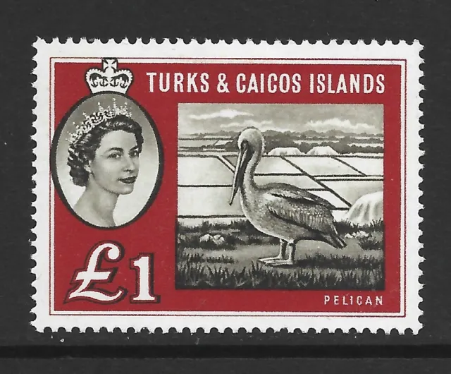 Turks & Caicos 1960 £1 Sepia & Deep Red (Pelican) - SG 253 -Lightly Mounted Mint