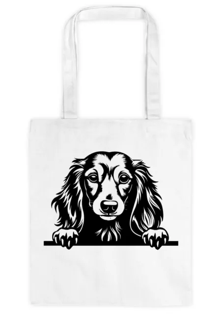 Einkaufstasche Schultertasche Shopper - weiß Canvas - Langhaardackel Teckel 04