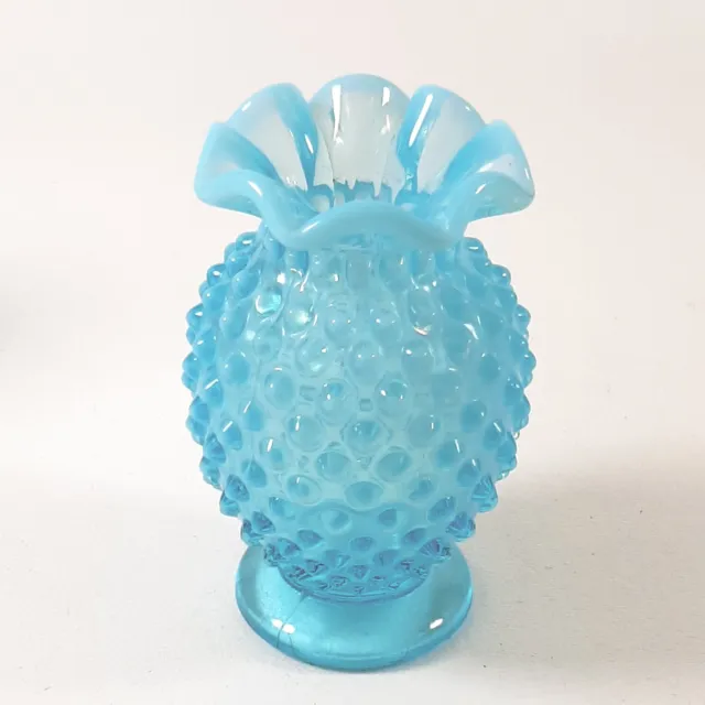 Vtg Fenton Small Blue Opalescent Glass Hobnail Ruffled Top Bud Vase Toothpick