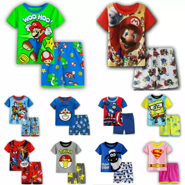 2pc Kids Boys Girls Super Mario Pyjamas Short Sleeve T-Shirt Shorts Set 1-7Years