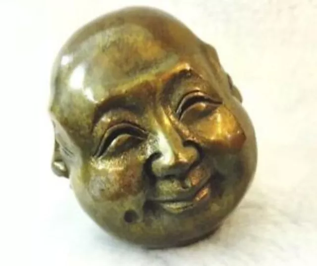 Buddhism signed bronze Old tibet brass 4 faces buddha head statue Figures 6cm