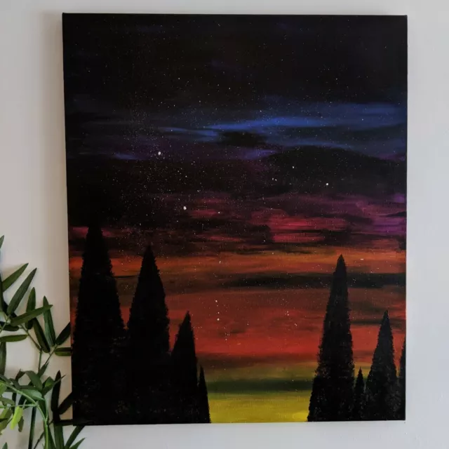 Original Acrylic Painting Sunset Landscape Blue Night Sky Light Art 6x6