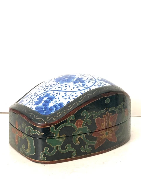 Antique Chinese Lacquered Wood Box, Blue & White Inlaid Porcelain Figural