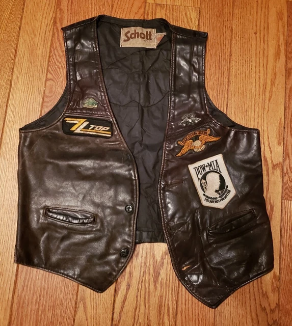 Vtg. Schott NYC Sportswear Leather Motorcycle Vest Harley Davidson Misc Patches
