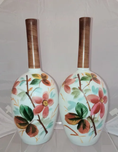 Victorian Floral Hand Painted Milk Glass Vase Pair