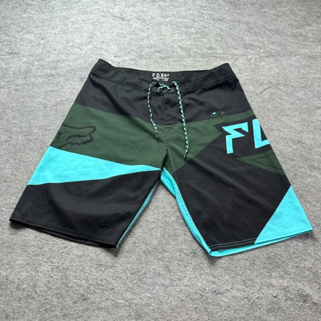 Fox Board Shorts Men 36 Black Blue Green Colorblock Back Pocket 22" Stretch