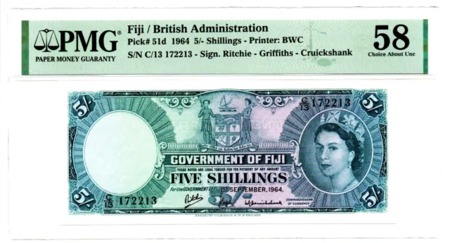 Fiji Government of Fiji 5 Shillings 1.9.1964 Pick 51d PMG Choice About Unc 58