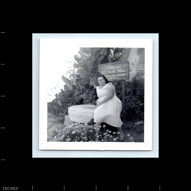 Old Square Photo WOMAN BY OLD OLIVE MILL SIGN SANTA INES MISSION