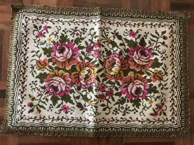 Antique french knot tapestry needlepoint table runner floral roses metallic trim