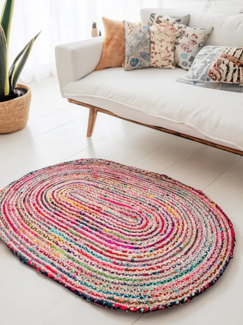 Round Rug Braided Rugs Hand Woven Beige Multi Colour Stripe Small to Large  Mat