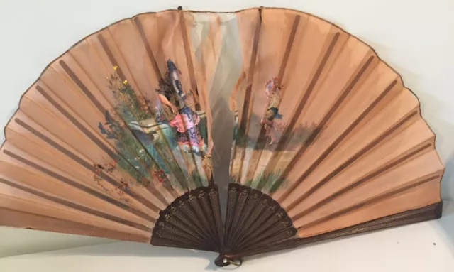 Ancien grand éventail peint, belle monture bois sculpté, antique fan ventaglio