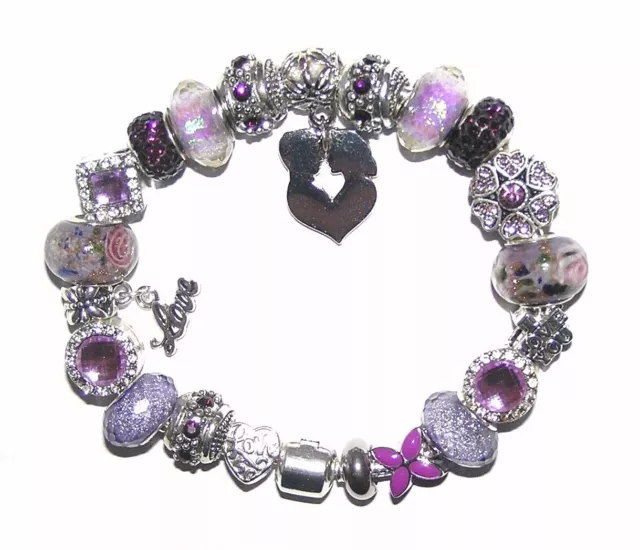 Purple Passion Charm Bracelet With Crystals, Murano Glass European Beads, Love