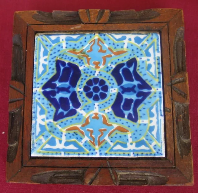 Vintage Wood Framed DAL-TILE ~ Mexico~ Tile Trivet Hot Plate ~ Blue, Aqua, White