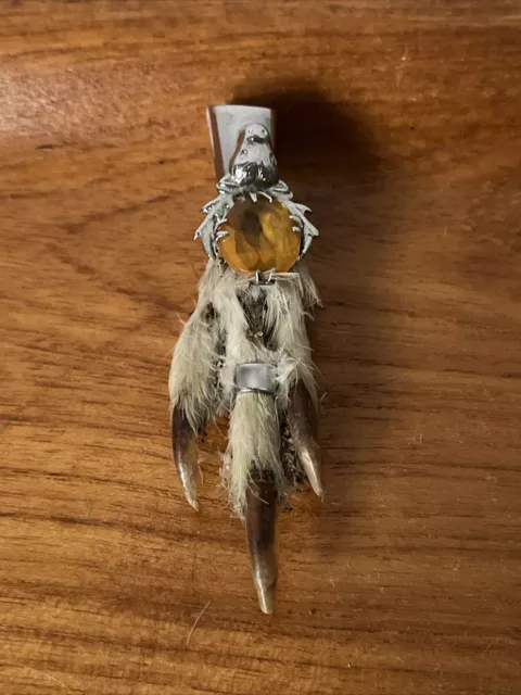 Vintage Grouse Foot Taxidermy Kilt Pin Brooch - Silver Tone - Amber Glass