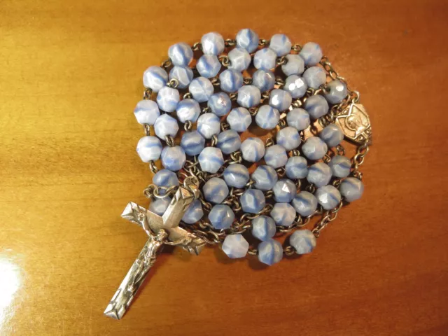 1920s Antique Med Art Deco Blue White Art Glass Beads Rosary-St Silver Hallmark
