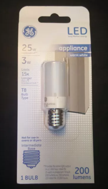 GE 29033 Frosted Intermediate Base T8 LED Appliance Bulb, Warm White, 3W (E1-1)