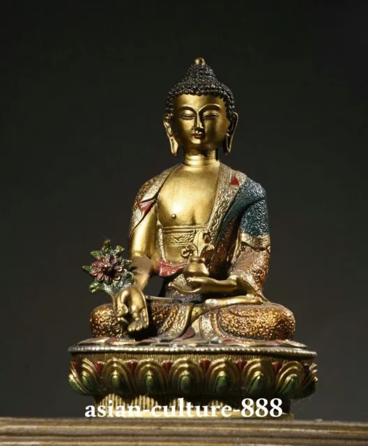 Tibet Buddhism Bronze Gold Painted Menla Medicine Buddha Lotus Sculpture Statue