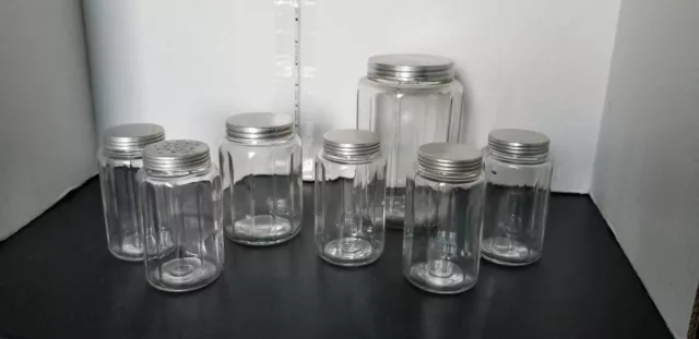 7 Matching Hoosiers Jars 12 Panel Sellers Glass Canister Spices & Salt Pepper
