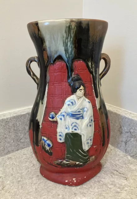 Antique Japanese Sumida Gawa glazed ceramic vase, 12 inches tall