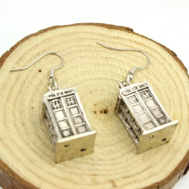 Silver Tardis Earrings. Dr Who Drop Ear Rings Police Box Time Machine FREE POST 3