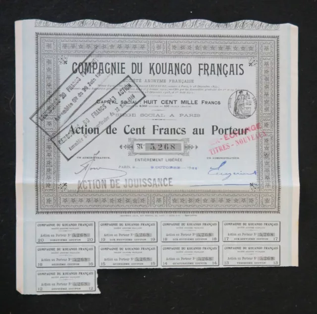 Action 1911 COMPAGNIE DU KOUANGO FRANCAIS   titre bond share 3