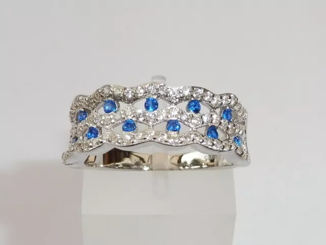 Ladies Hand Made Solid Sterling 925 Silver Blue and White Sapphire Cocktail Ring