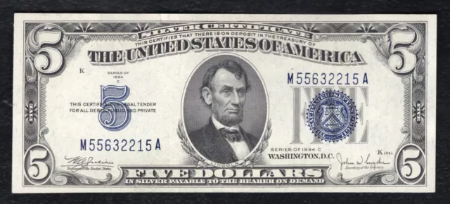 Fr. 1653 1934-C $5 Five Dollars Silver Certificate Note Gem Uncirculated