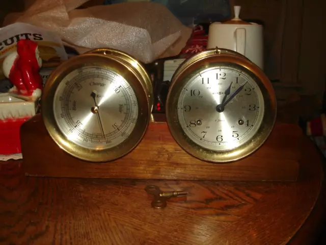 Howard Miller Brass Case Key Wind 11 Jewel Ships Bell Clock & Barometer w Stand