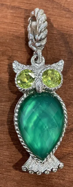 Rare Judith Ripka Sterling Silver Green Rhinestone Owl Pendant Charm 925