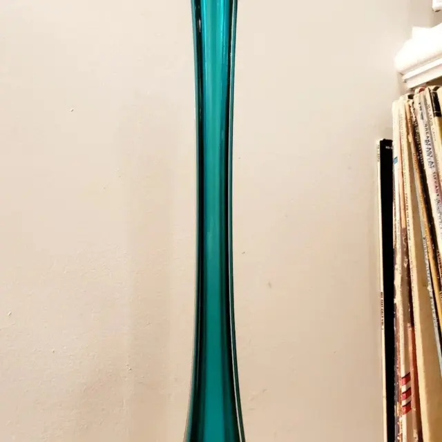 Vintage MCM Blown Murano Glass Vase 16" Tall Green/Blue Heavy Art Glass Vase