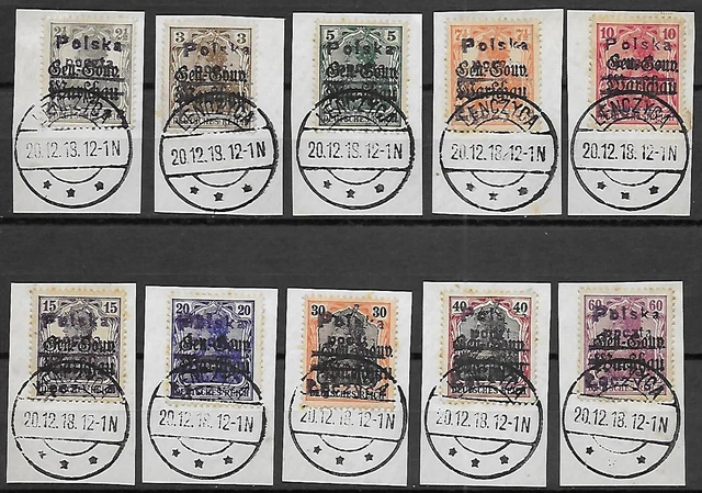 Poland/ LECZYCA stamps 1918 set of 10 stamps on fragments CANC VF