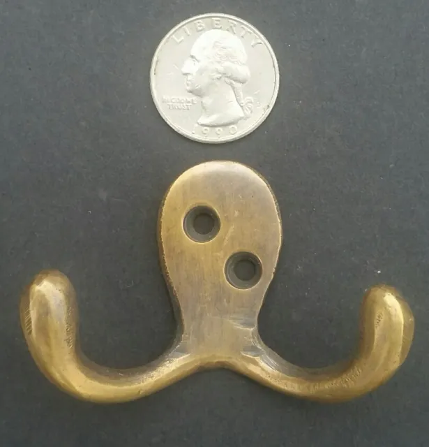 2 Small Double Coat Hat Hooks Solid Brass Antique Vintage style 2 1/2" #C1 2