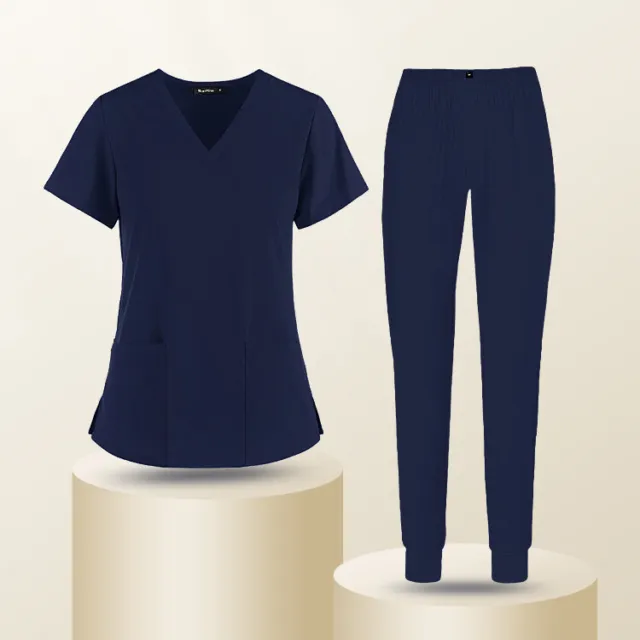 Tuta scrub medico donna infermieristica collo a V maniche corte set camicetta pantaloni uniforme 2
