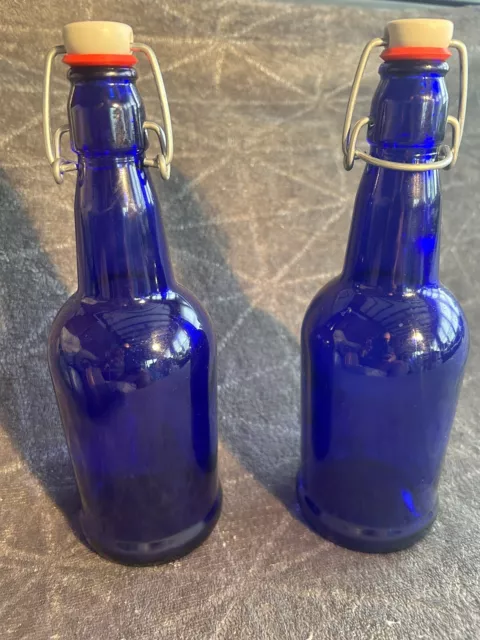 Lot of 2 Vtg EZ Cap Cobalt Blue Bottles 9.5 inches
