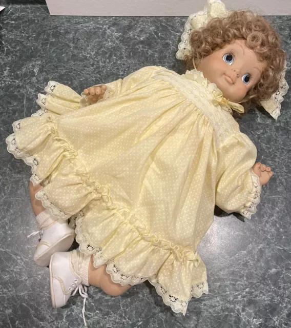 Vintage Porcelain Bisque Doll / Soft Body Baby Doll - Yellow Dress - Curly Hair