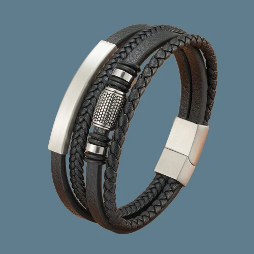 Bracelet pour homme femme en acier inoxydable et cuir noir 19/21/23 cm