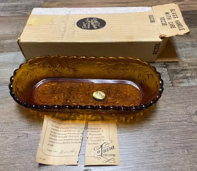 indiana glass tiara gold amber sandwich collection celery tray NOS