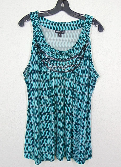 Womens Plus FASHION BUG Teal Black Diamond Embellished Neck Tank Top Size 2X