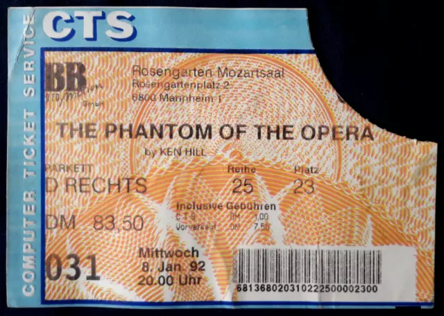 Phantom Of The Opera at Mannheim Rosengarten Mozartsaal 08 Jan 1992 Ticket Stub