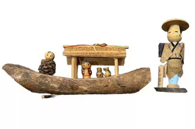 Japanese Kokeshi Doll Wooden Boat With Travelers Plus Hiker / Traveler Figurine