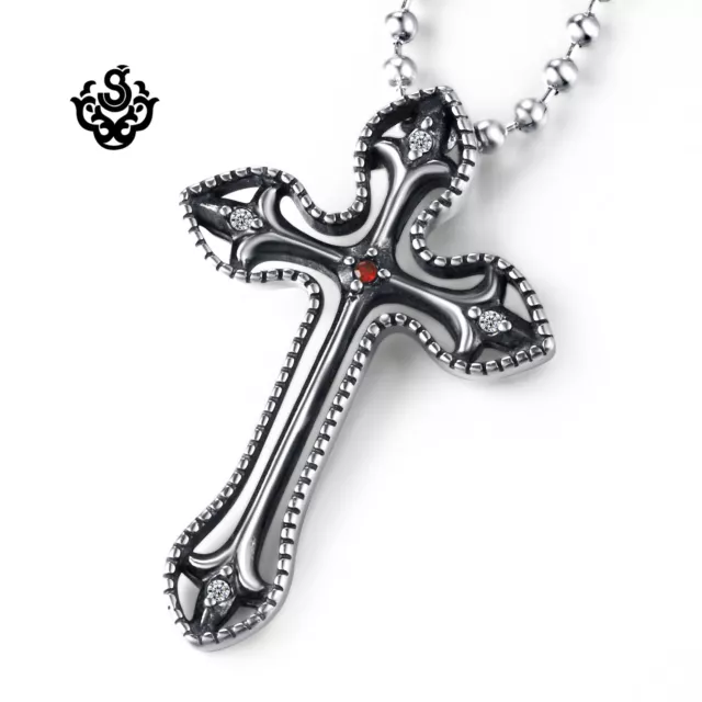 Silver pendant vintage style stainless steel red cz Fleur-De-Lis cross necklace