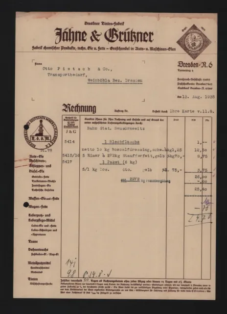 DRESDEN, Rechnung 1938 Jähne & Grützner Fabrik chemischer Produkte Tinten-Fabrik