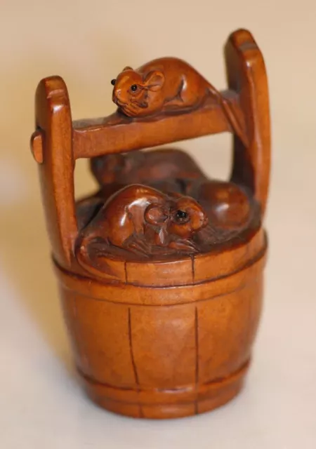 Authentic Antique Japanese 3 Mice in Barrel NETSUKE. Hand Carved Signed Boxwood