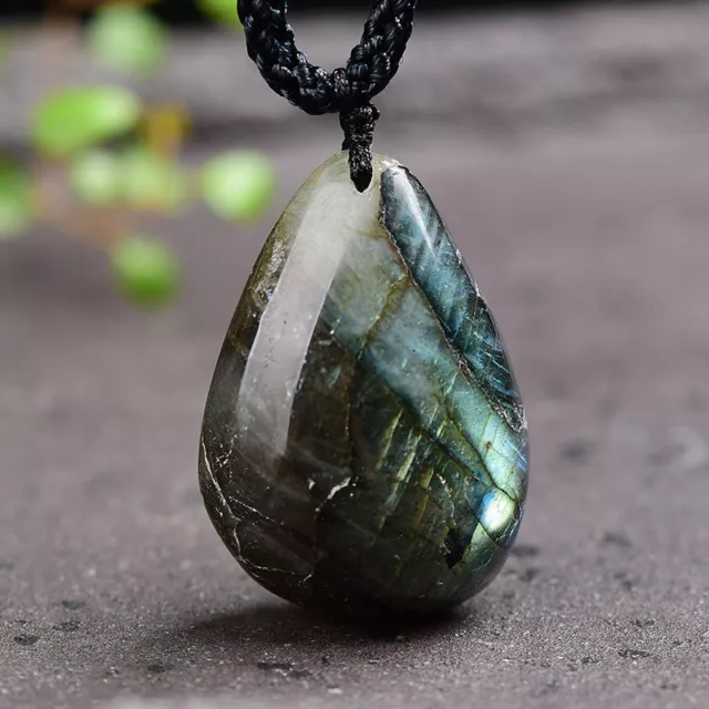 Natural Water Drop Gemstone Pendant Labradorite Quartz Crystal Necklace Healing